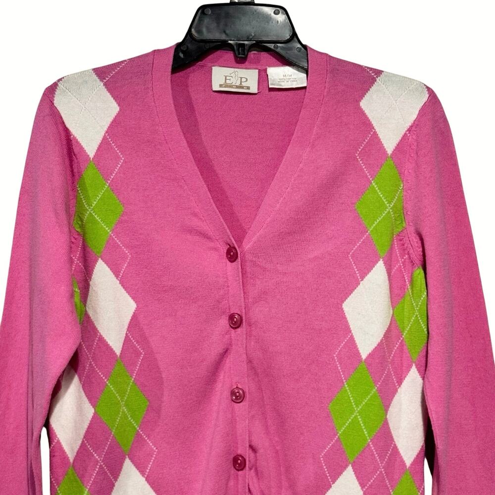 EP Pro Womens Argyle Cotton Cardigan Golf Sweater Medium Candy Colors TennisPrep - Picture 3 of 11